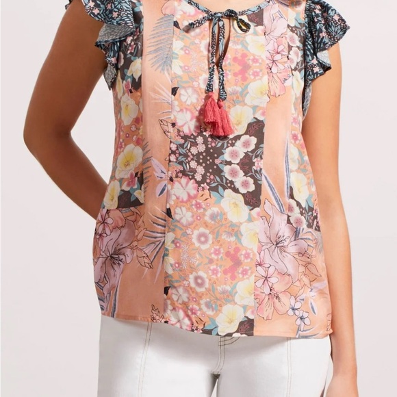 Tribal Jeans Tops - Peach Floral Patchwork Blouse with Ruffle Sleeves